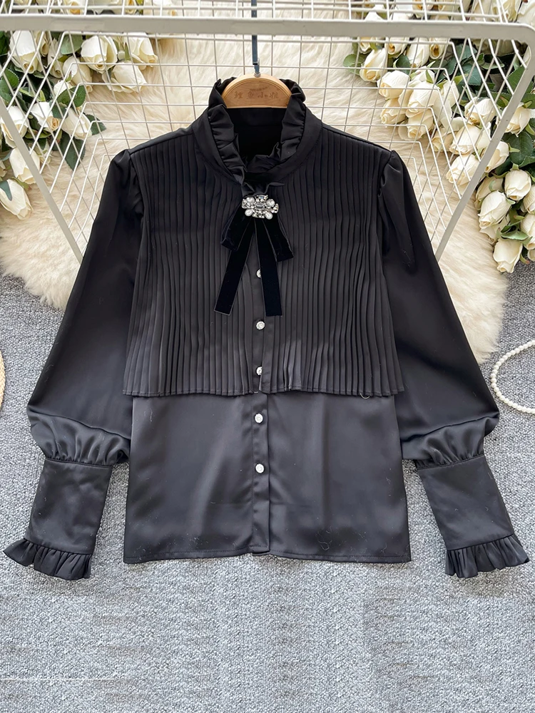 

French Tuxedo Shirts Women's Spring Outfit New Black White Bow Decoration Pleated Versatile Satin Long Sleeved Blouse Top C55