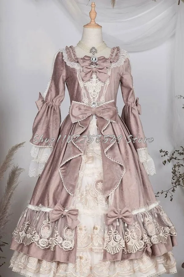 Elegant Pink and White Lolita Prom Dresses Delicate Square Neck Bow Long Sleeve Lace Tiered Beaded Applique Rococo Custom Dress