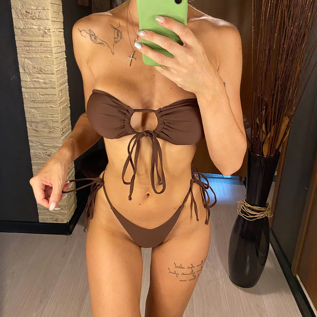 Bandeau-Mikro-Tanga-Bikini, Damen-Badeanzug, zweiteiliges Bikini-Set, trägerloser, hoch geschnittener Badeanzug, Badebekleidung, Modell V3040. – Detail 13