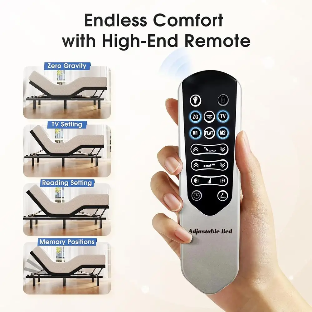 إطار سرير فاخر قابل للتعديل مع تدليك، إمالة مريحة، انعدام الجاذبية، 4 منافذ USB، أضواء LED، جهاز تحكم عن بعد