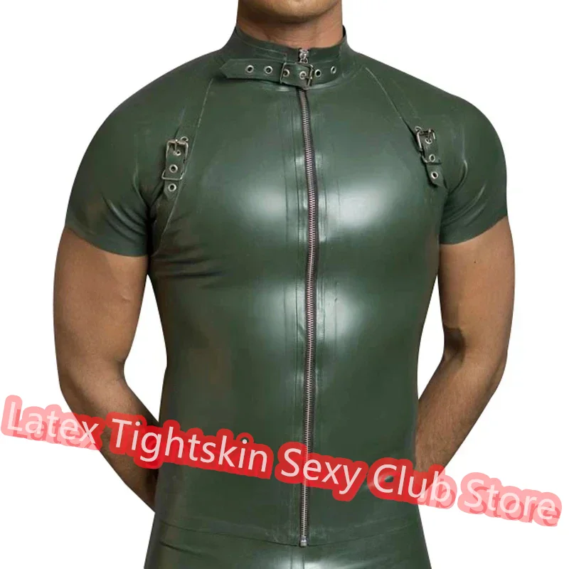 

Handmade Latex Men Short Sleeve Top with Front Zip Latex T-shirt Rubber Suit Cosplay Costume