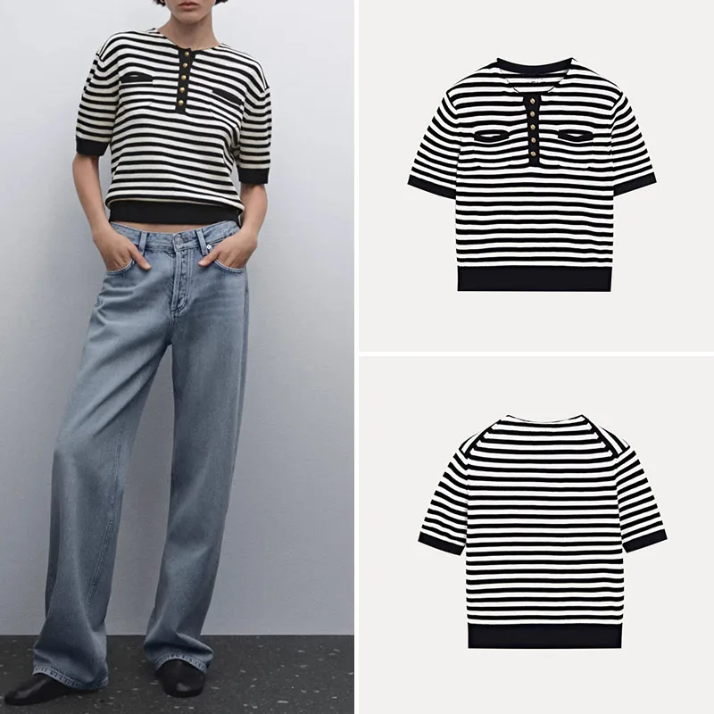 

Женский модный универсальный полосатый круглый трикотаж Ne ort Sve, весна 20220. Женский топ Sle Z.