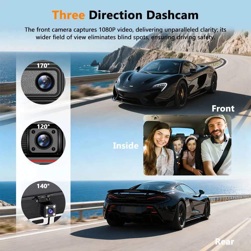 3 Channel Dash Cam, 1080P 3 Lens Car Recorder, WiFi Phone Connect, 2 Inch Screen, Loop Recording, G-Sensor, Night Vision