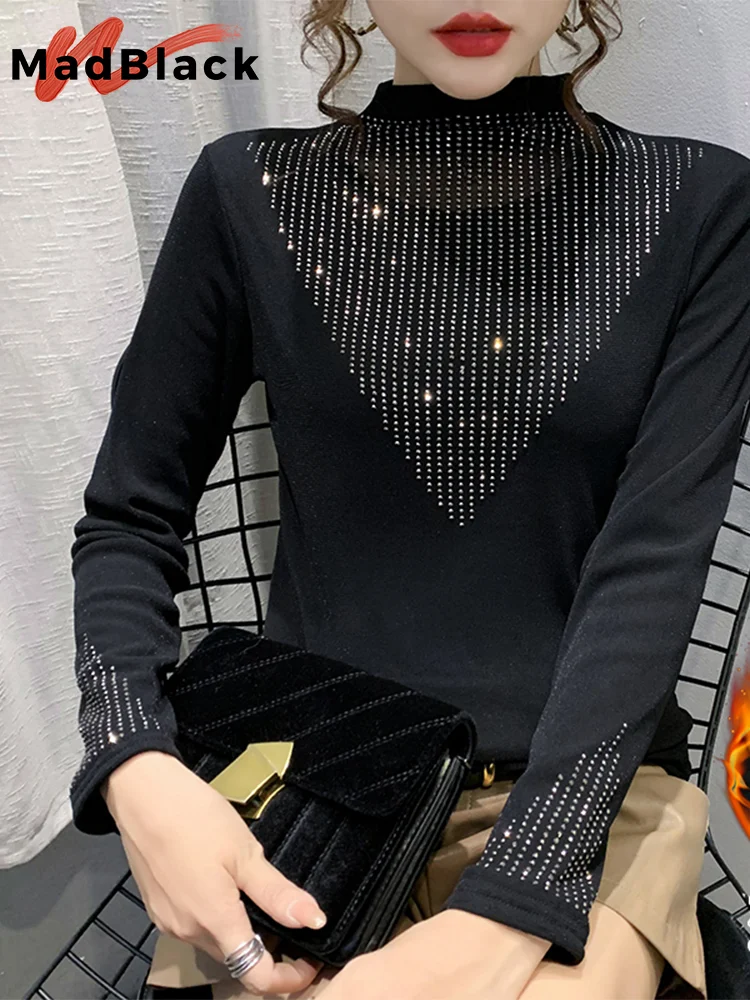 

MadBlack European Clothing Tshirt Women Turtleneck Diamonds Warm Fleece Slim Mesh Top Long Sleeve Tees Autumn Winter T37059JM