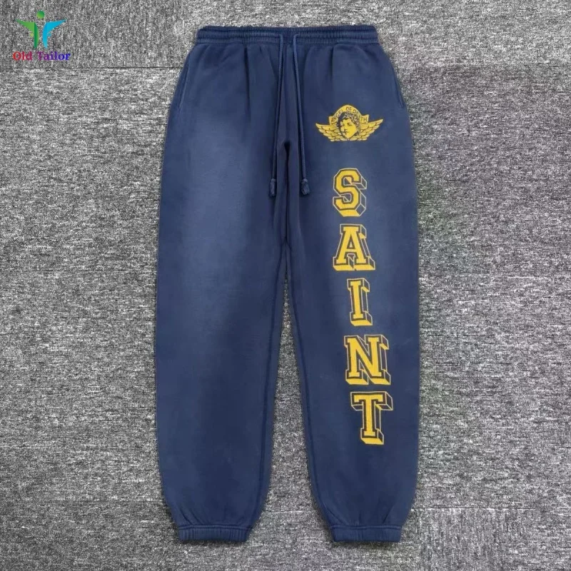 

Highest quality Winter SAINT Fashion Retro Royal Blue Angel Distressed Destroyed Sweatpants Casual Pants SAINT Suit