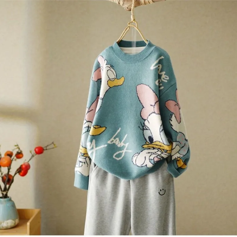 Disney Duck Long Sleeve Autumn Winter Cardigan Jumper Top Turtleneck Pullovers Casual Sweaters Women  Loose Sweater Girl