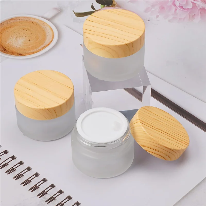 Pack of 6 30 Ml Glass Jars with Wooden Lid, Matt Clear Glass Jars, High-Quality Glass Jars, Moisturiser Container