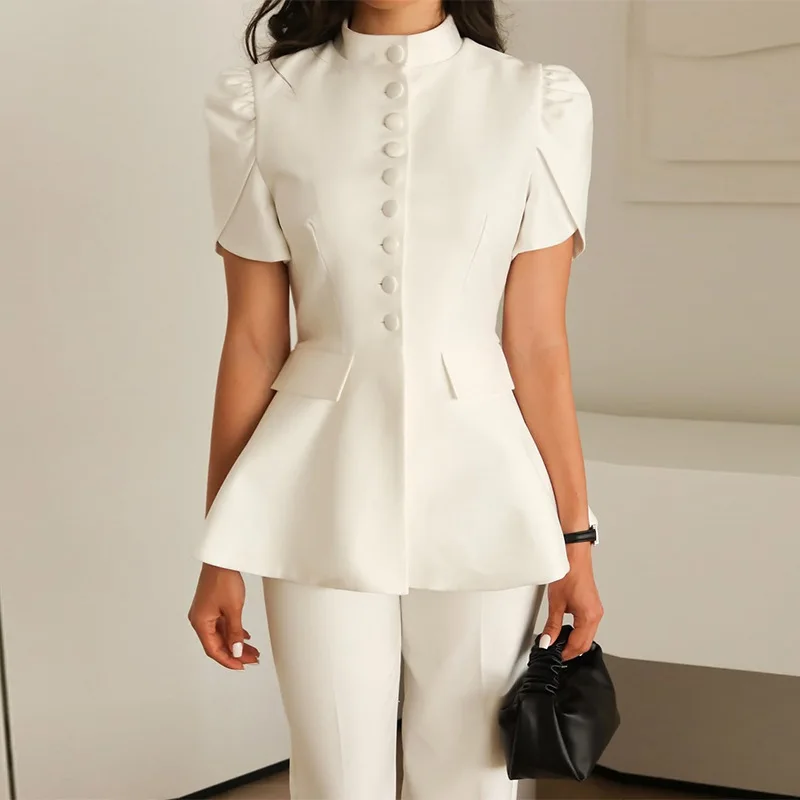 Elegant Summer Women Blazer Top Front Button Peplum Stand Collar Short Sleeve Slim White Blouse Formal Office Suit Work Jacket