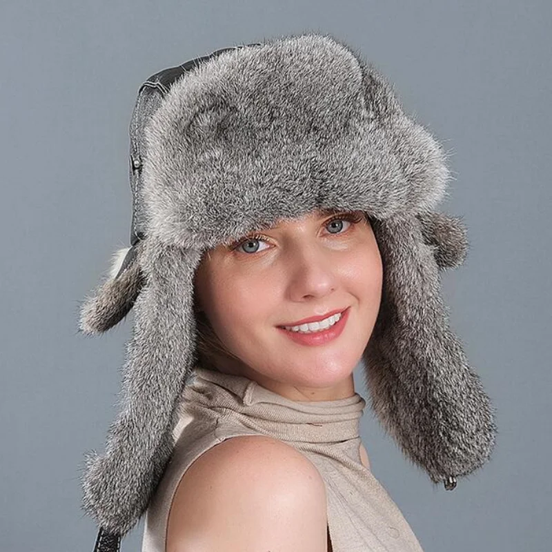 Chapéus bomber de pele de carneiro genuíno unissex inverno ao ar livre quente equitação e esqui pele de coelho russo ushanka com aba de orelha il00691