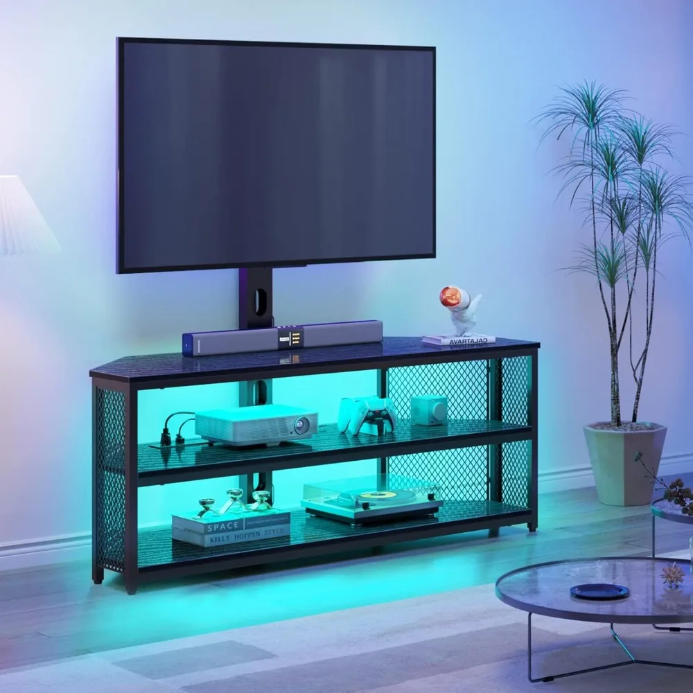 TV Stand with Mount and Power Outlet, Swivel TV Stand Mount with LED Lights for 32/45/55/60/65/70 inch TVs