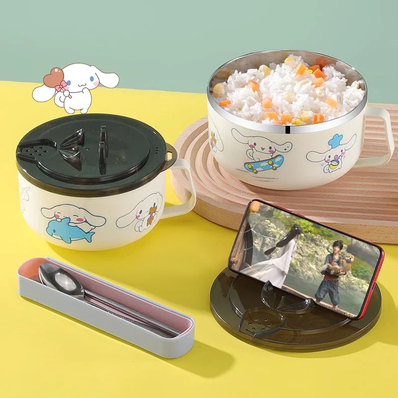 

Милая Sanrio Cinnamoroll Bento коробка, милая мультяшная большая емкость для студенческого общежития, сливаемая миска из нержавеющей стали для лапши быстрого приготовления