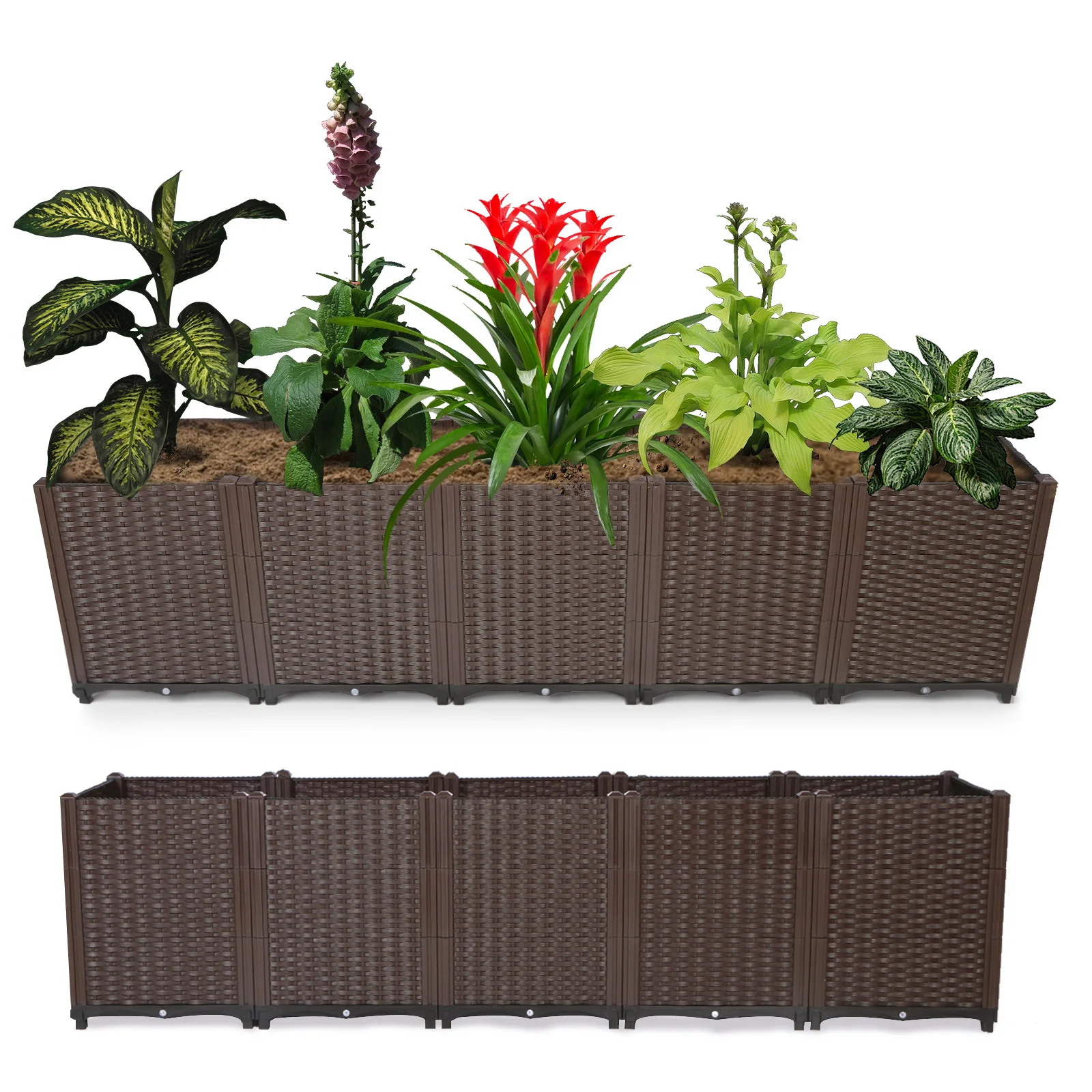

Plastic Planter Box Woven Brown Checkered Garden Bed Movable Llarge Flower Box for Outdoor Garden Balcony Patio Flower Planting