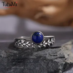 925 Sterling Silver Jewelry Simple 5mm Round Lapis Lazuli Vintage Ladies Ring Gift Jewelry