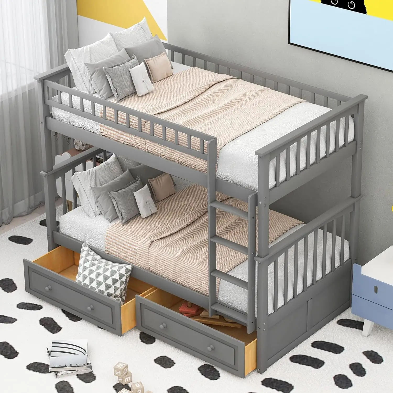 

Twin Bunk Bed with Storage Drawers and Ladder - Can Be Divided Into Two Daybeds (Grey)