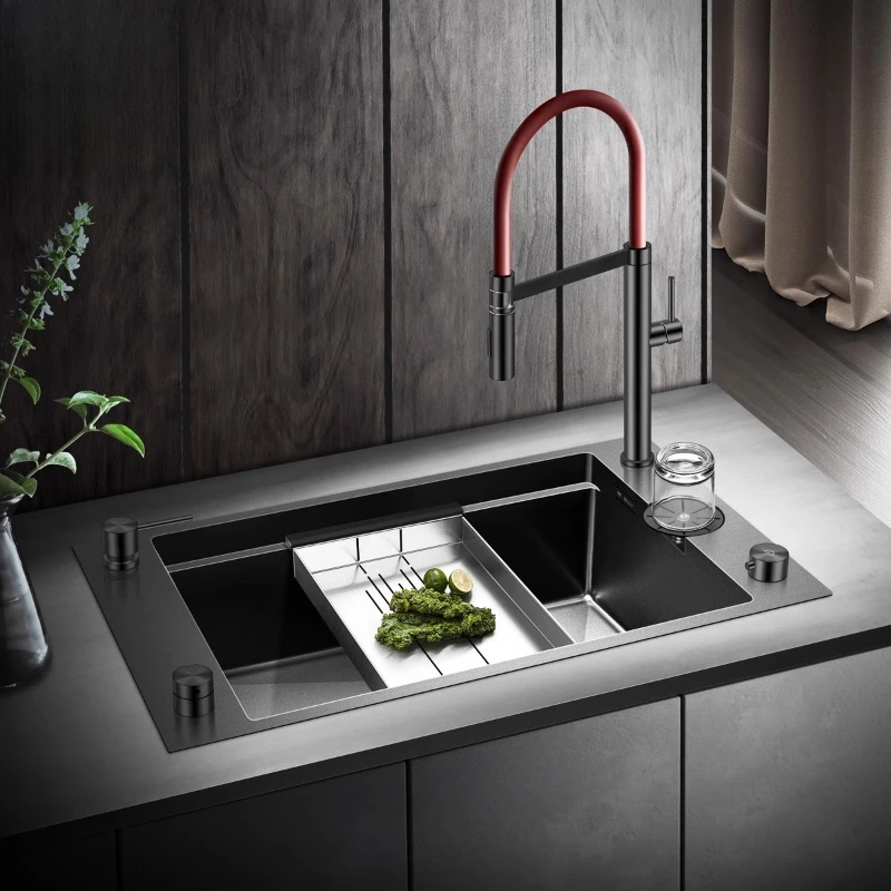 

Black terracotta stainless steel large single tank side drain sink with high pressure cup washer integrated