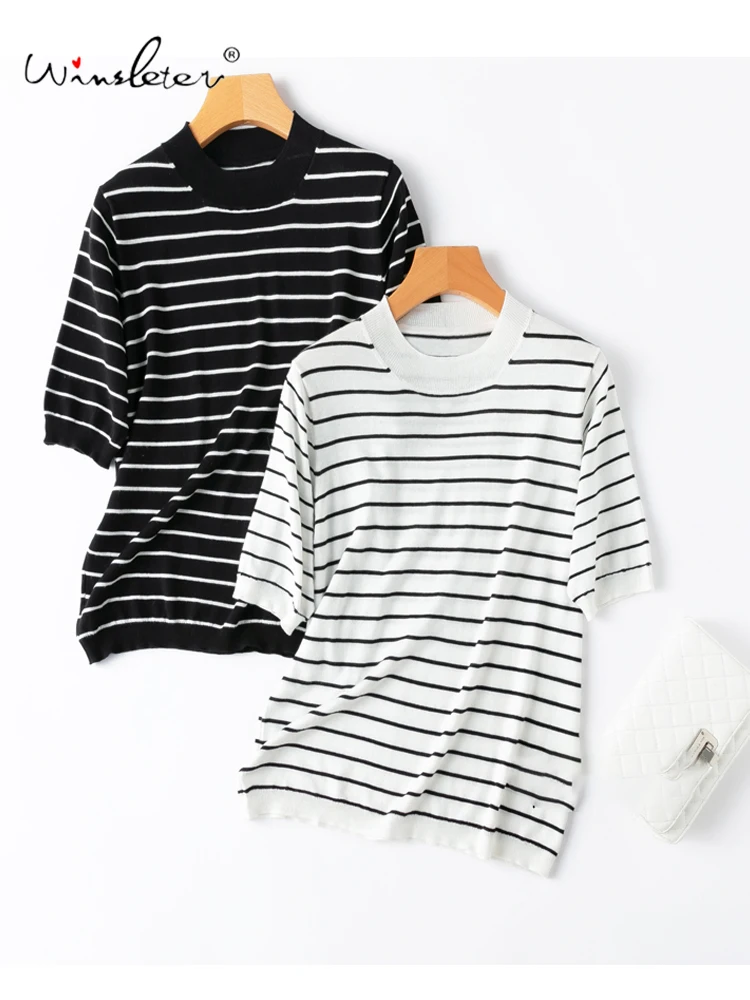 Winsleter, 100%Real Silk Elegant T-Shirt, Woman Short Sleeve Striped, Vintage Casual Loose Knit Tops, 2024 Summer Autum T48519QC