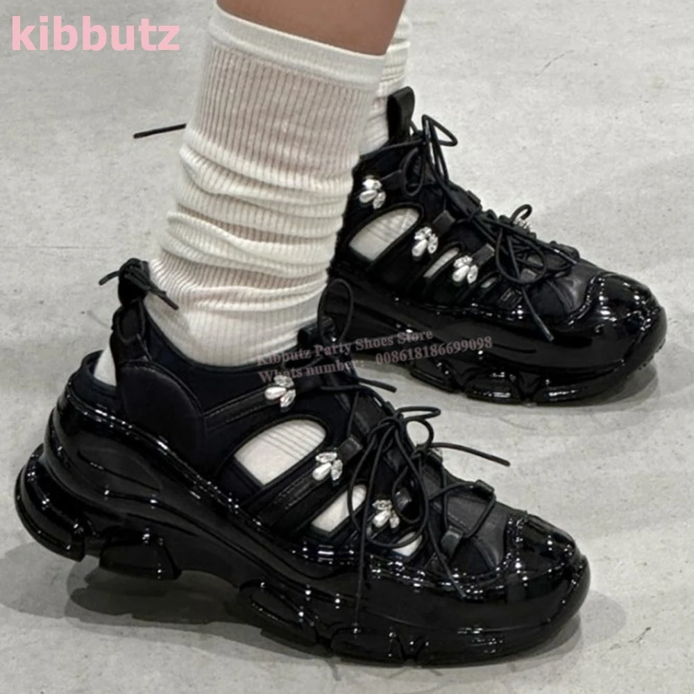 

Hollow Sneaker Crystal Lace-Up Glossy Round Toe Height Increasing Solid Color Fashion Elegant Sports Concise Women Shoes Newest