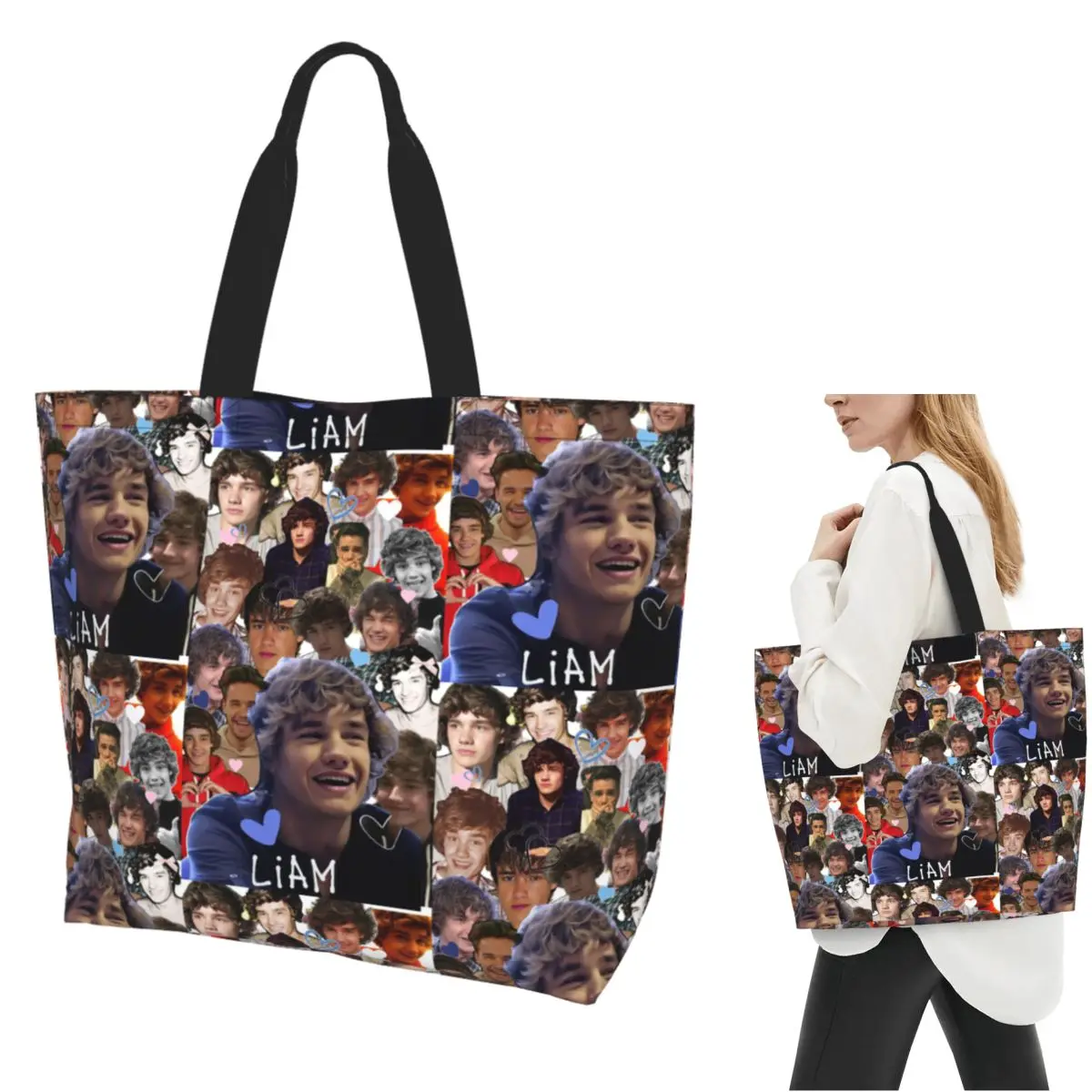 Liam Payne Photo Collage Shopping Tote Bag Canvas Large Capacity Shoulder Bags Shopper Grocery Handbag for Women