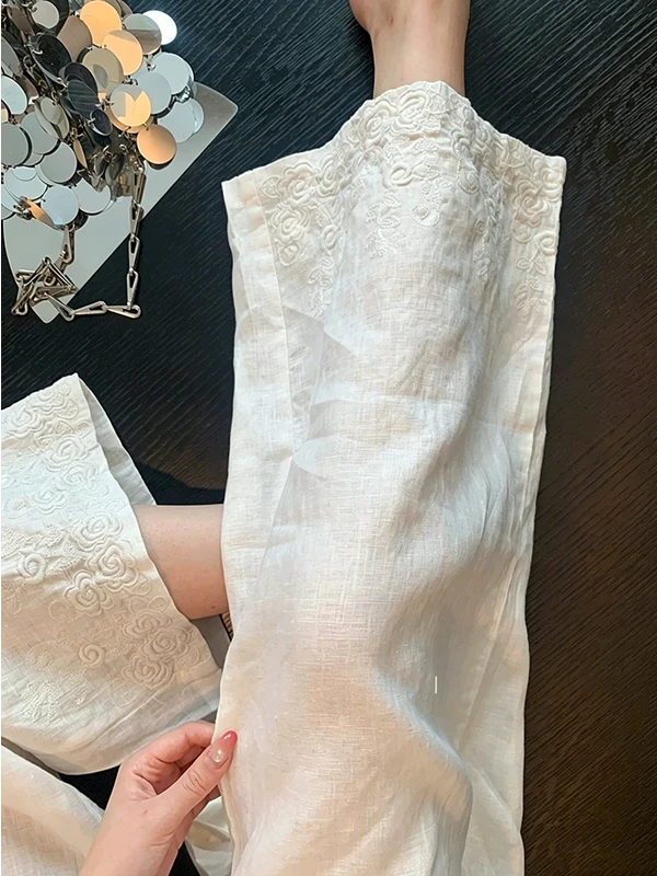 Elegant Embroidered Cotton Linen Wide Leg Pants Women's Spring Autumn Thin Loose Casual Straight Long Trousers