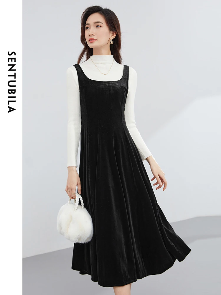 SENTUBILA Black Square Collar Velvet Sleeveless Midi Dress 2024 Spring Simple Straight Tank Midi Dresses for Woman 134L52556