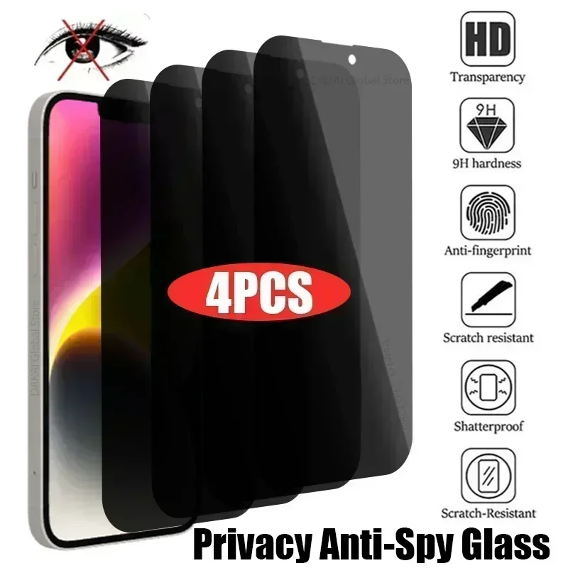 4PCS Privacy Screen Protector For iPhone 14 13 11 12 15 Pro Max Mini Anti-Spy Tempered Glass For iPhone 15 14 Plus XR XS SE 2020