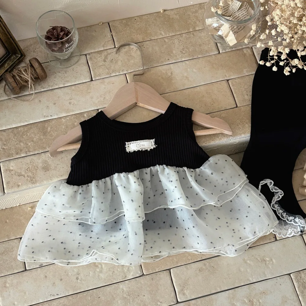 

MILANCEL New Summer Baby T-shirt 6-24M Sweet Splicing Dot Mesh Girls Sleeveless Top Breathable Comfortable Toddler Clothes