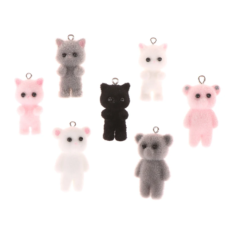 2pcs kawaii 3d flauschige Beflockung Charms Katzen bär Anhänger Miniatur puppen Schlüssel bund Halskette Anhänger DIY Handwerk Schmuck machen