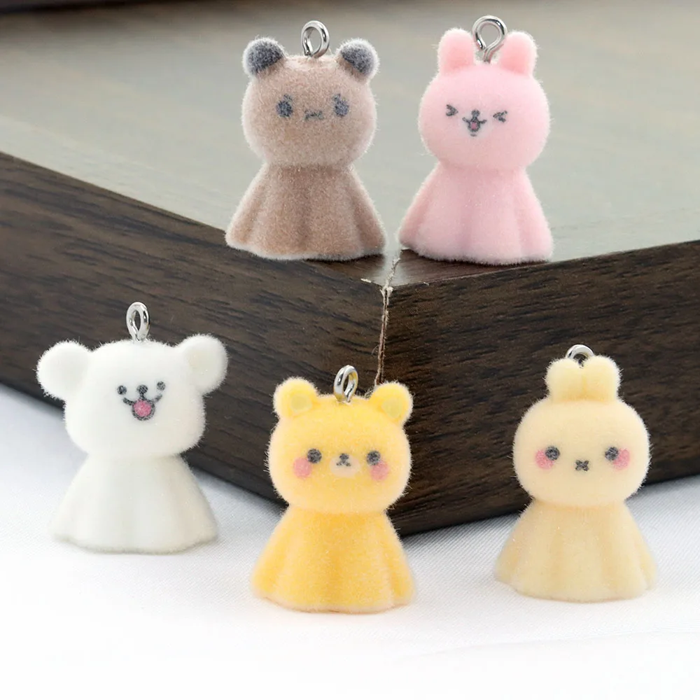 

6Pcs Cute Resin Sunny Day Doll Animal Flocking Pendant 3D DIY Keychain Charm Accessories Pendant Phone Chain