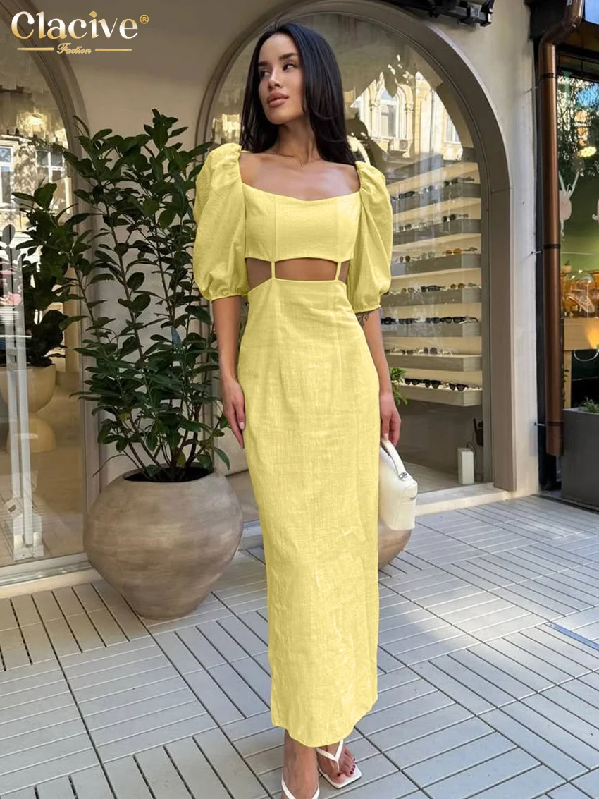 

Clacive Summer Loose Pink Cotton Women's Dress Sexy Square Collar Short Sleeve Long Dresses Elegant Hollow Out Female Dress