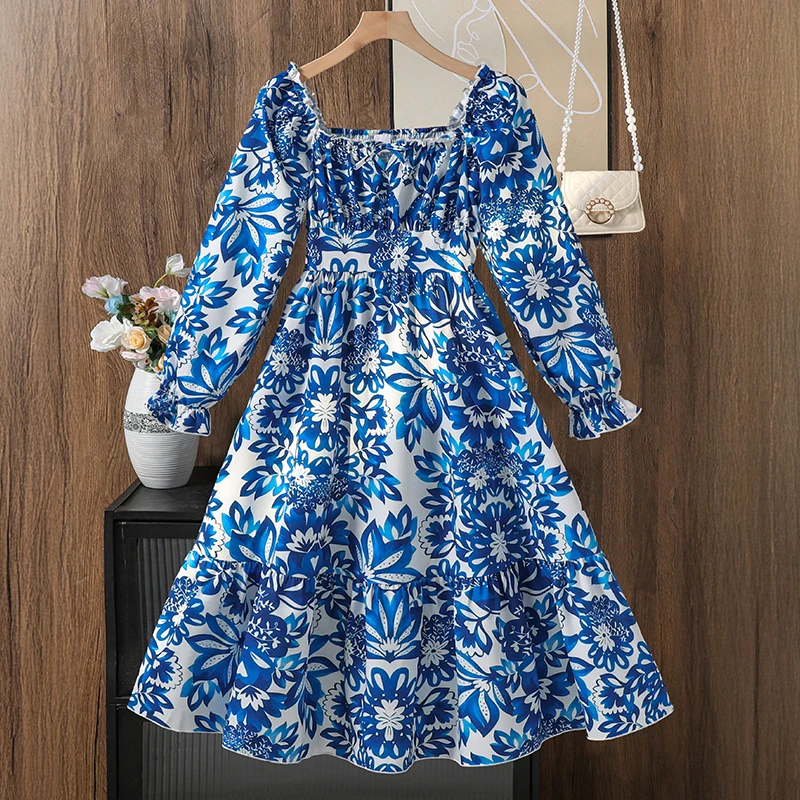 

Blue Print Princess Dress Fir Girls 8-12 Years 2025 Autumn New Square Collar Long Sleeve A-Line Dress Kids Daily Clothing