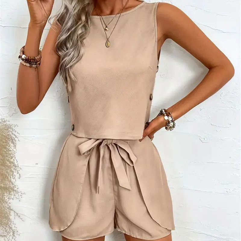 Women's Solid Color Button Decoration Lotus Leaf Strap Butterfly Knot Sleeveless Shorts Set Two-piece Set