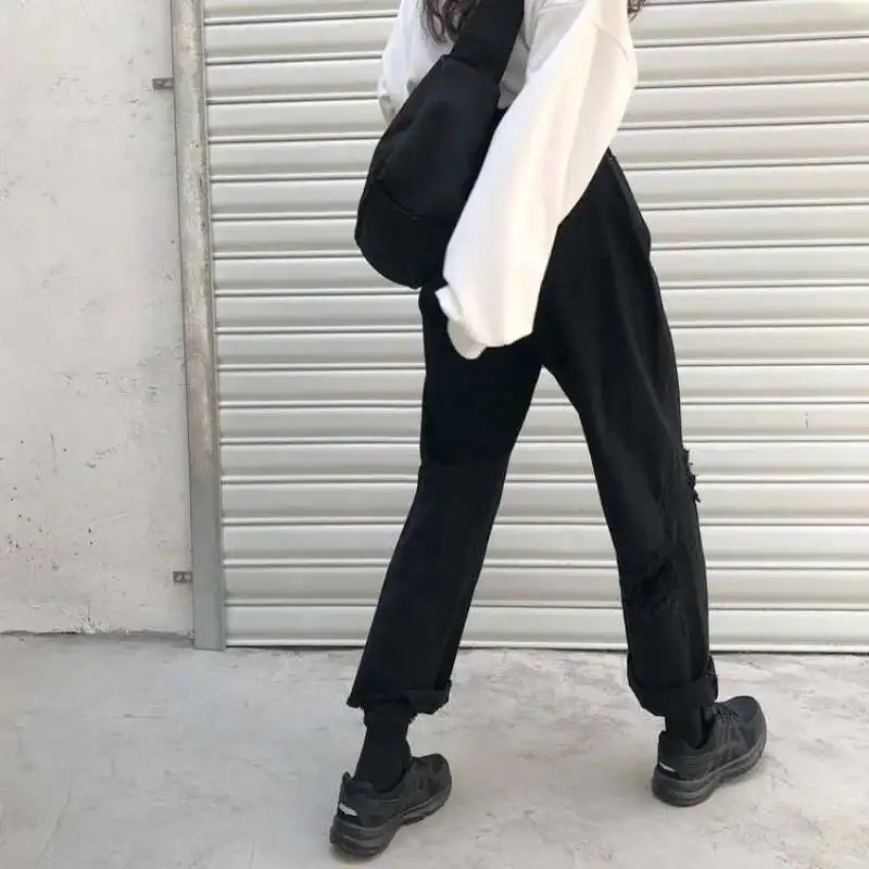 Women Jeans Black Elastic High Waist Denim Pants Streetwear Ripped Hole Straight Wide Leg Trousers With Pockets Woman Clothing