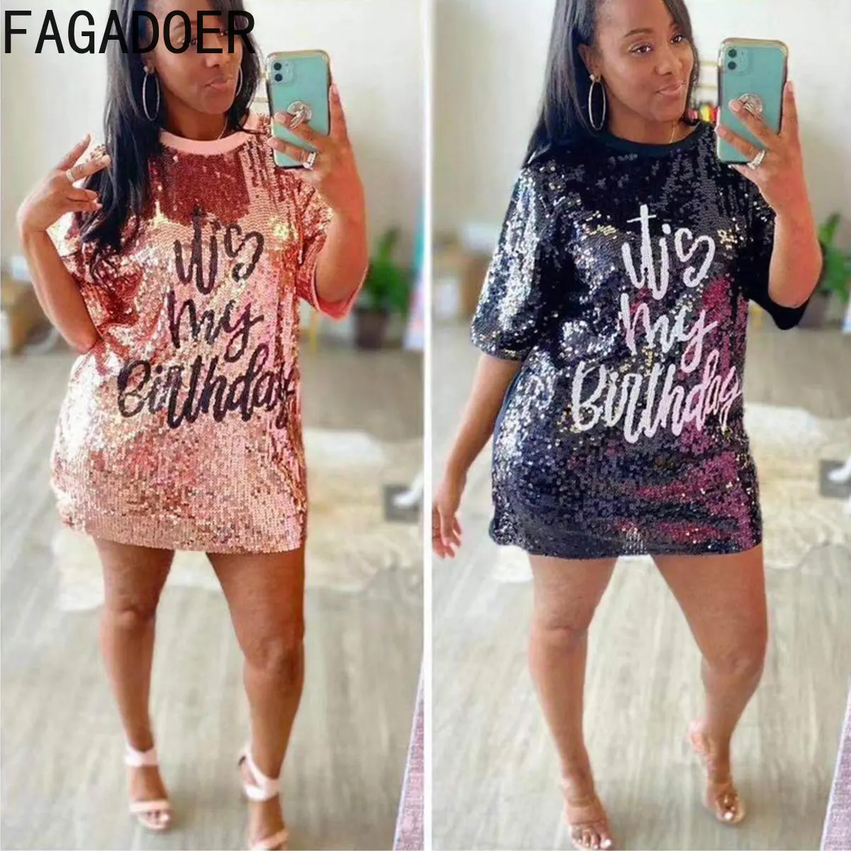 

FAGADOER Fashion Sequin Letter Print Party Club Dress Casual Round Neck Short Sleeve Loose Mini Dresses Summer Streetwear 2023