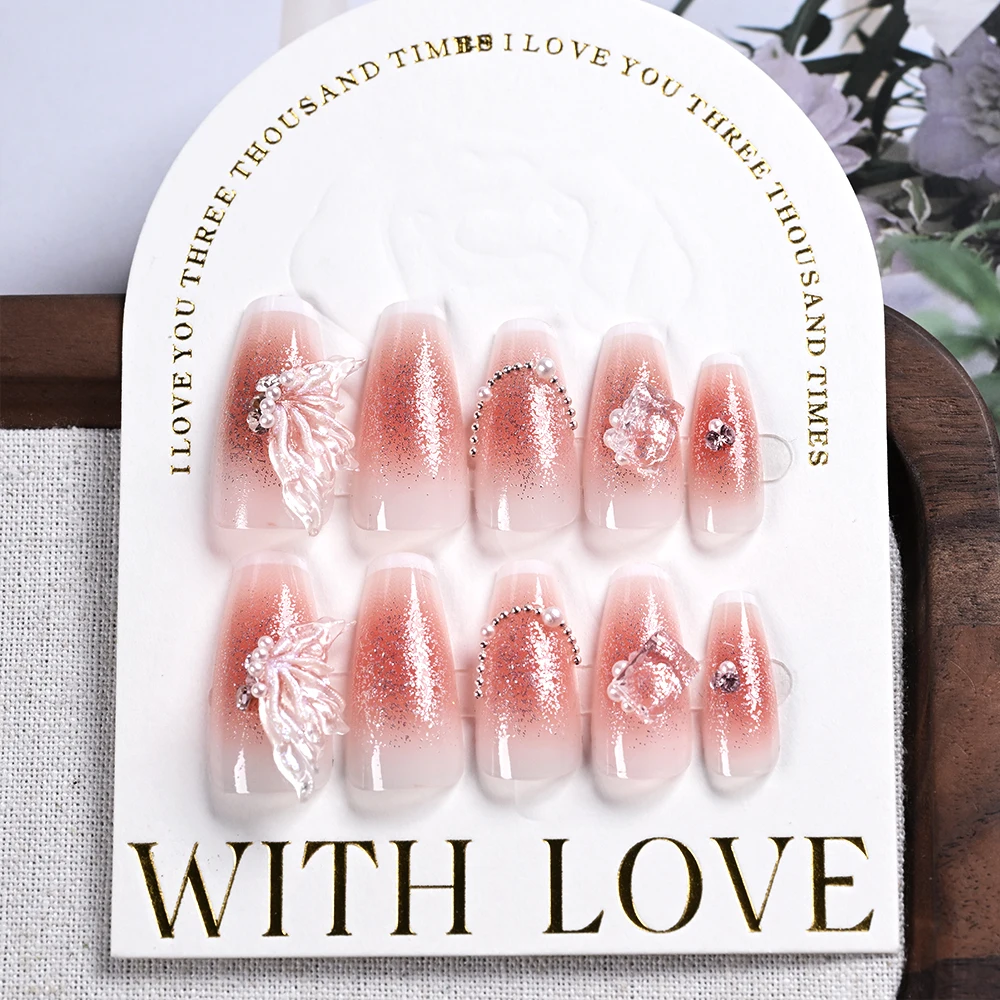 24 Stück mittelgroße, quadratische, handgefertigte Nägel zum Aufdrücken, vollständige Abdeckung, Schmetterlings-Strass-Kunstnägel, künstliche tragbare Maniküre-Nagelspitzen