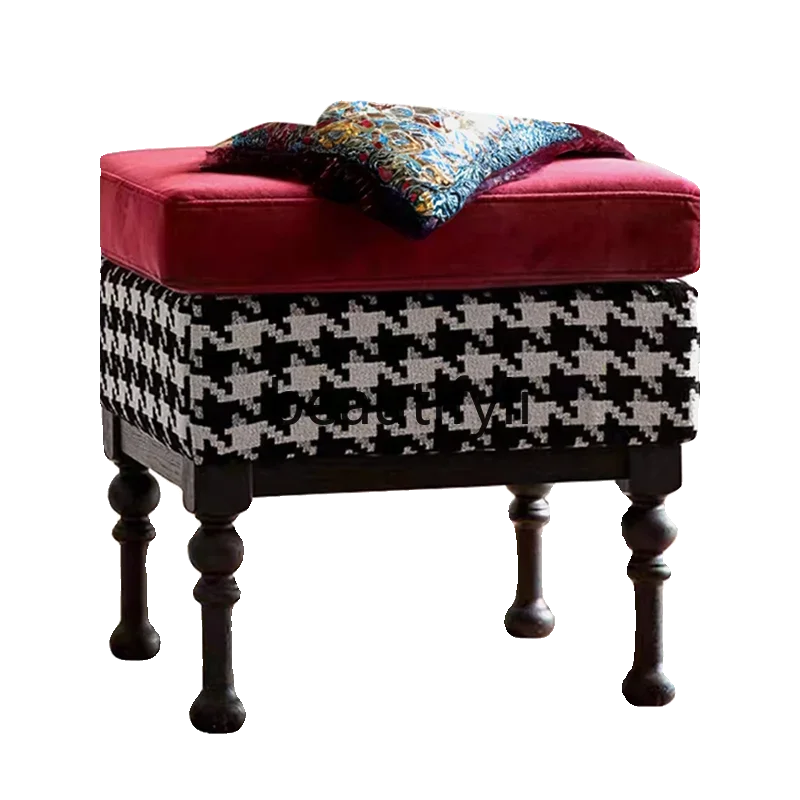 French retro style solid wood burgundy makeup stool American light luxury bedroom home soft bag low stool