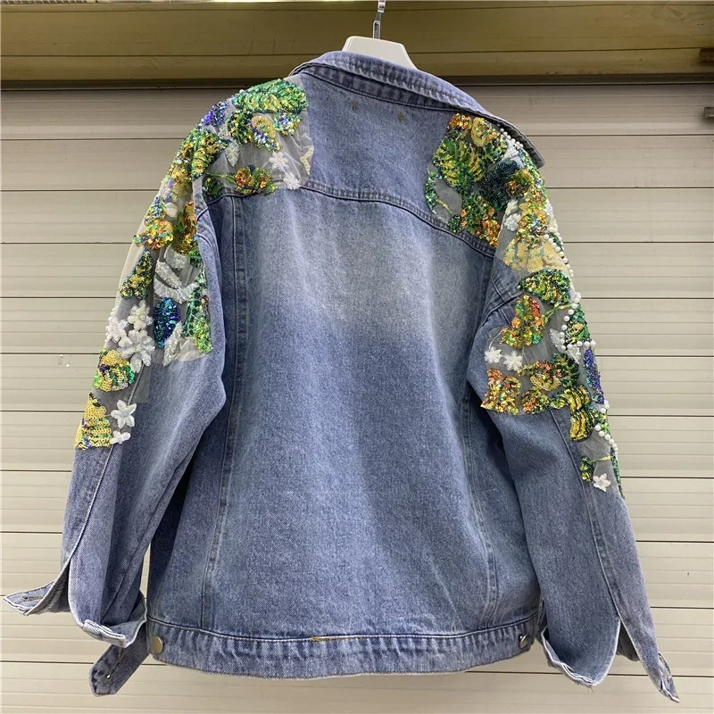 ストリートヴィンテージブルーデニムジャケット春 2025 ファッションビーズダイヤモンドカラースパンコール花女性カジュアル原宿ジーンズジャケット