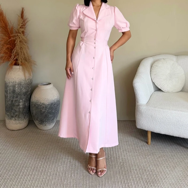 Casual Pure Color Half Sleeve Pleated Shirt Dress Summer New Button Maxi Dress Elegant Temperament Lady High Waist Evening Dress