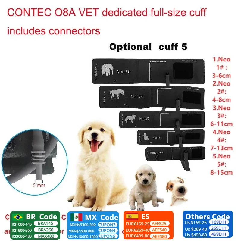 Vet Use Cuff Animals Cuff CONTEC08A Veterinary Blood Pressure Monitor Cuff 5 types Mouse/Cat/Dog/Horse/Elephant With Connector