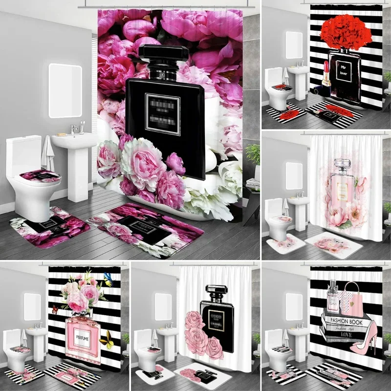 Luxury perfume cosmetic flowers art fashion girl perfume bottle printed shower curtain with hooks mat rug bathroom decor set