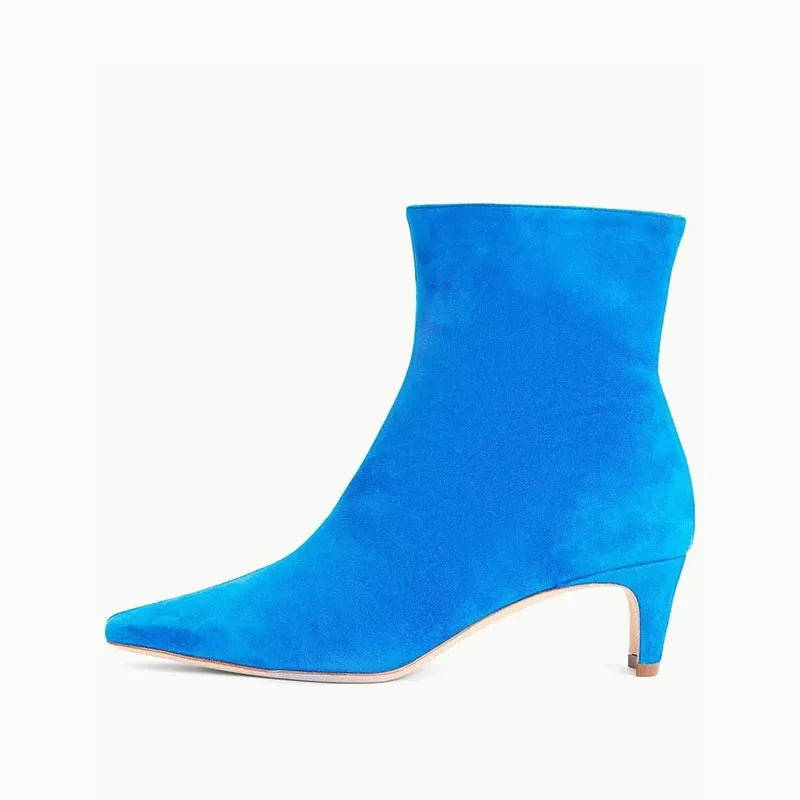 Rough Fashion Blue Short Boots  Pointed Toe and New Style Zipper Fashion Boots Sanded Leather Color Medium Elegant Side Scrub