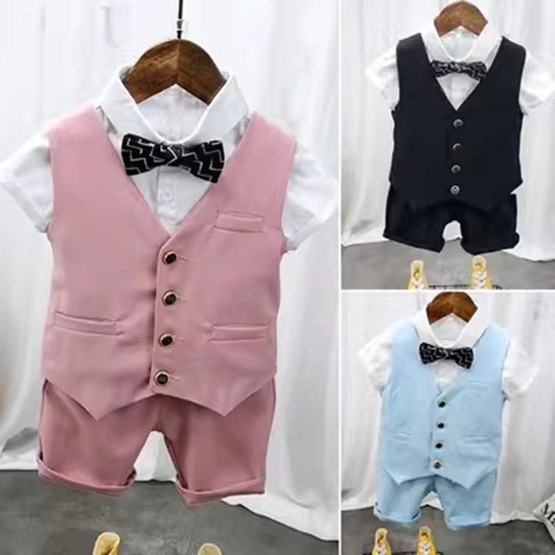 Baby Boy Clothing Sets Children Suits Boy White Shirt with Bow Tie + Vest + Shorts 3PCS Outfits Summer Boy Gentleman Suit 2-7Yrs