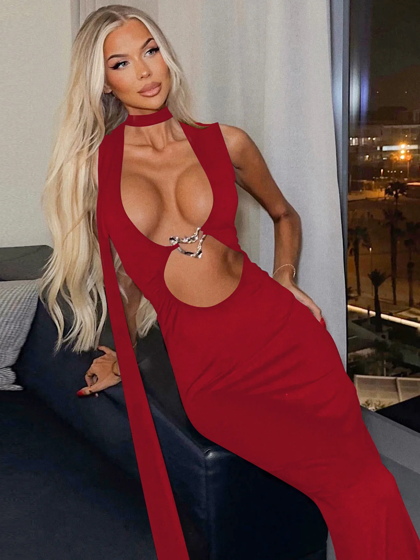 

Women Elegant Sexy Hollow Metal Buckle Ribbons Halter Bodycon Maxi Party Dress V-neck Sleeveless Slim Holiday Long Robe Clubwear