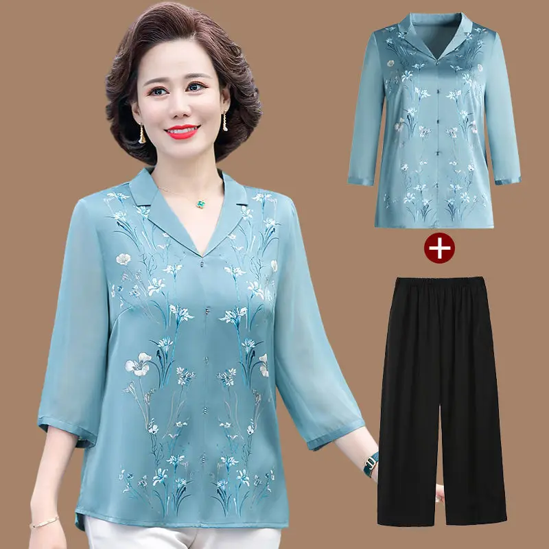 Middle-Aged Elderly Mother Suits Summer 3/4 Sleeve Lapel Shirt Pant Sets Printed Women 2 Piece Outfits Fashion Ensemble Femme