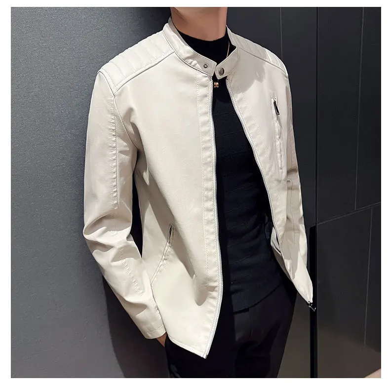 Autumn Winter Man Leather Jacket Thin Simple Solid Stand Collar Men Coat Motorcycle Punk Long Sleeve Zipper Outerwear For Male