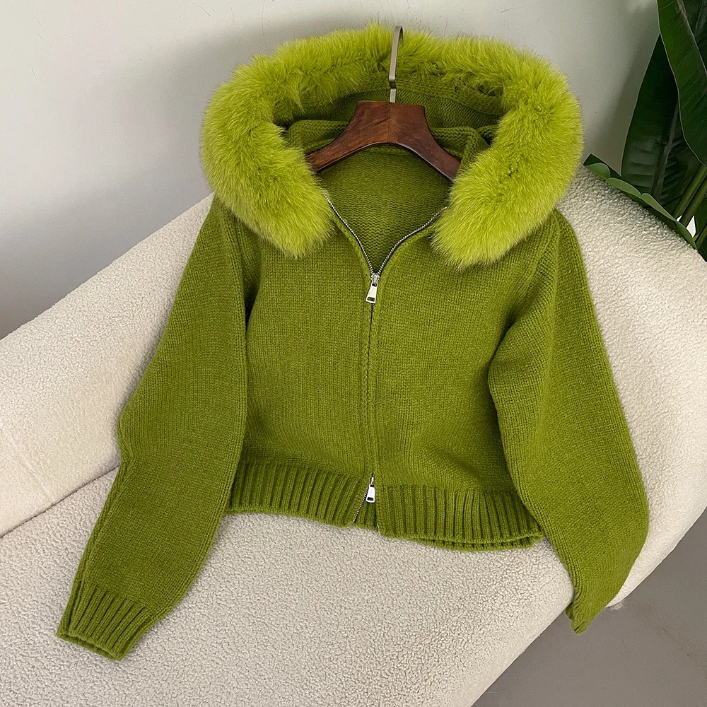 Płaszcz kardigan z naturalnego futra dla kobiet 2024 Moda Jesień Zima Casual Hooded Real Fox Fur Collar Fashion Krótka kurtka z dzianiny