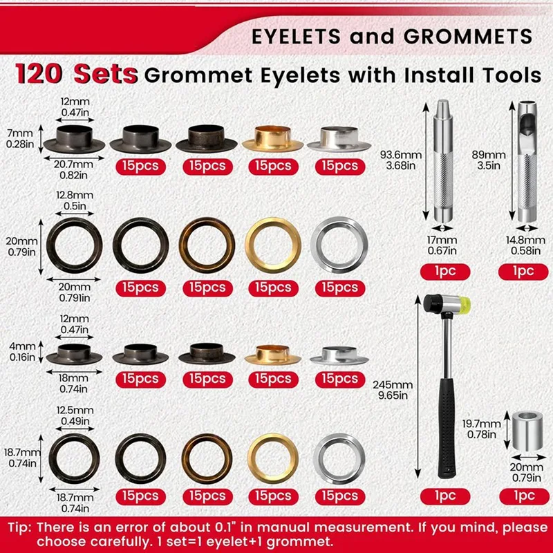 120 Sets 1/2 Zoll Tüllen-Werkzeugsatz, 2 Höhen Tüllen-Set, Ösen und Ösen mit 4 Installationswerkzeugen, für Leder, DIY-A69M