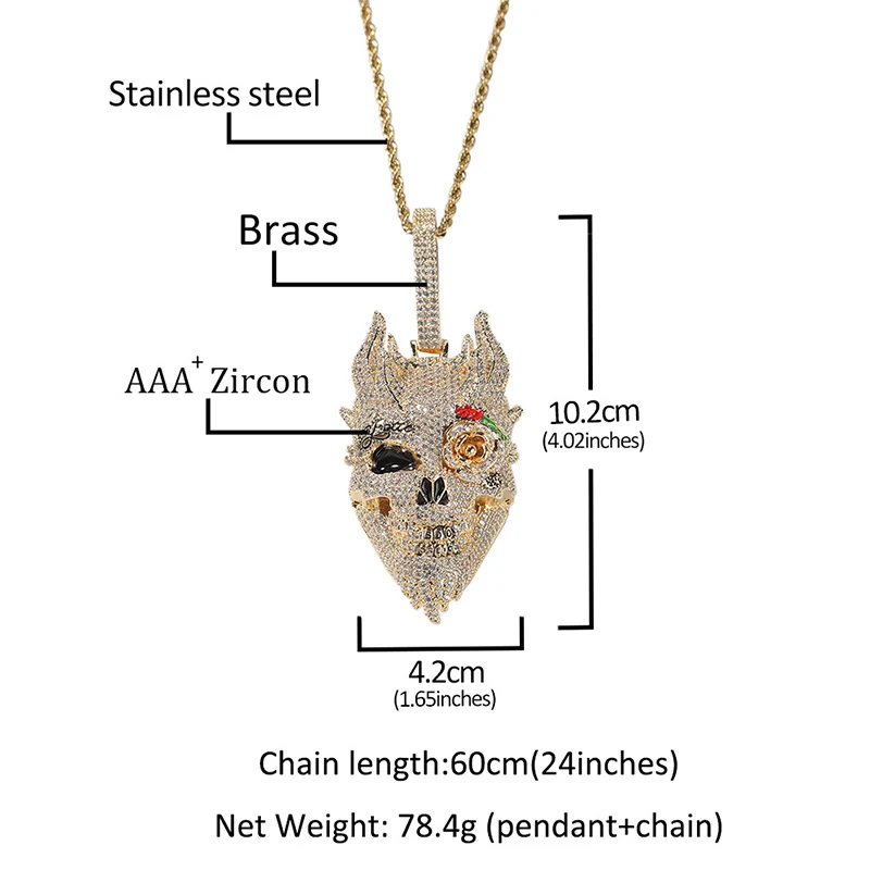 Hip Hop Claw Setting 3A+ CZ Stone Bling Iced Out Cool Rose Flower Dragon Skull Pendants Necklaces for Men Rapper Jewelry