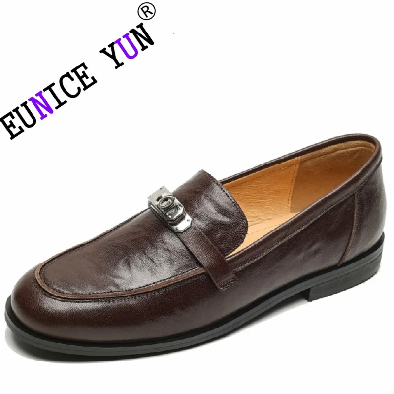 

【EUNICE YUN】Genuine Leather Flats Women Designer Metal Chain Loafers Round Toe Black Slip-on Casual Shoes 34-41 Vintage