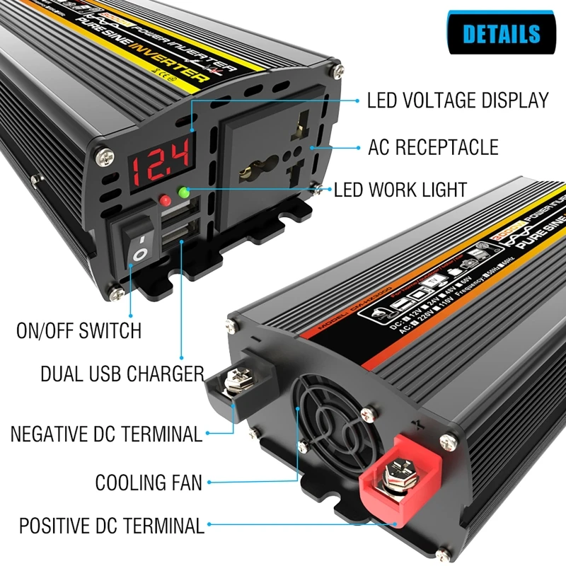 10000W czysta fala sinusoidalna przetwornica napięcia transformator napięcia inteligentny wyświetlacz cyfrowy DC12/24V do 220V konwerter samochód