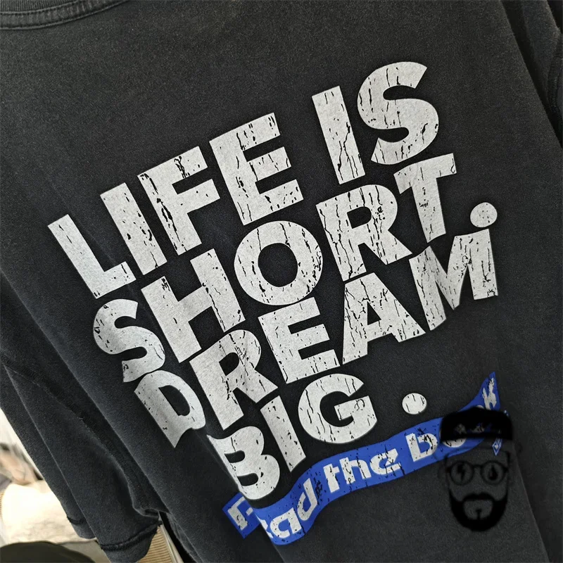 False Perception Letter Crack Print Washed Old Faded Retro Slogan Short Sleeved t-Shirt